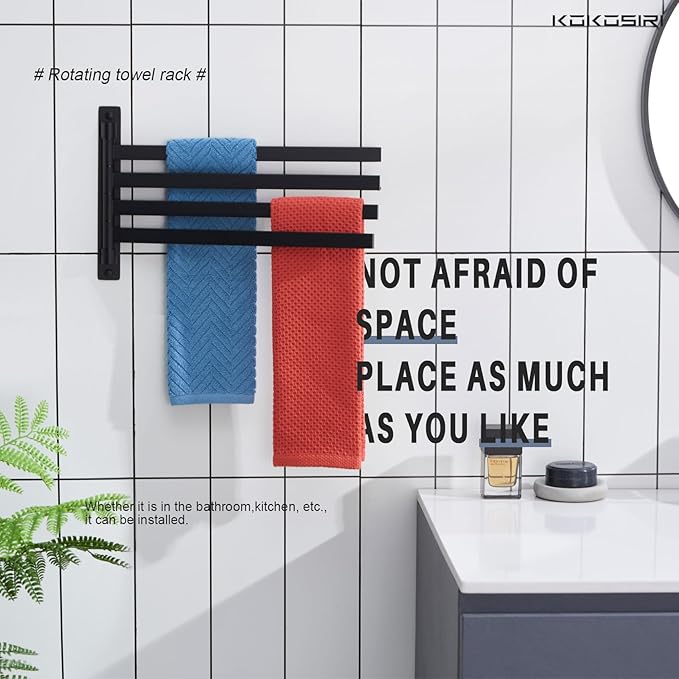 KOKOSIRI Bathroom Towel Bars Swivel Towel Rails Matte Black Swing Out Hand Towel Holder 4-Arm for Bath Kitchen Wall Stainless Steel B5007BK-A4