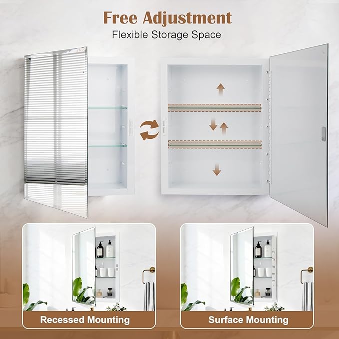 16x20'' Bathroom Medicine Cabinet Mirror with Storage, Surface Mount or Recessed Medicine Cabinet with 3-Tiered Adjustable Tempered Glass Shelves