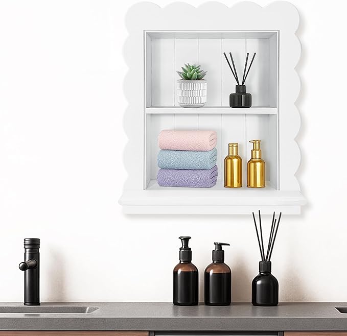 Royxen 14"x18" Recessed Medicine Cabinet, 2-Tier Wooden Bathroom Wall Cabinets Without Mirror,Scalloped Large Medicine Cabinet Niche for Bathroom Storage Organizer,White