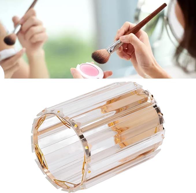 CDQL Cosmetic Brush Holder, Transparent Glass, Round Decorative Box, Pen Storage Organizer, Desktop Makeup Brush Container for Vanity (Gold)