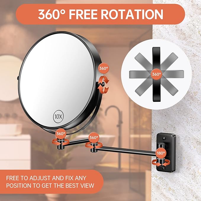 Benbilry 9" Large Size Wall Mounted Makeup Vanity Mirror, 1X/10X Magnifying Double Sided Shaving Mirror for Bathroom, 360° Swivel Extendable Arm, Black