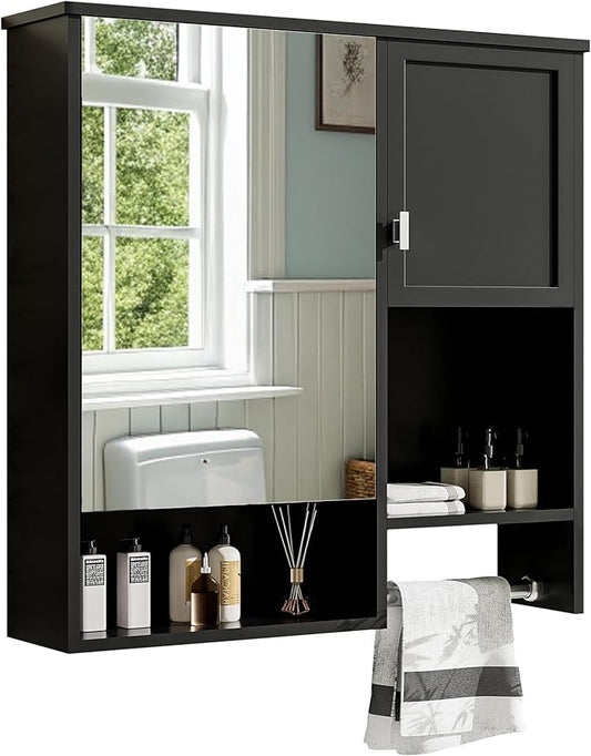 Merax Medicine Cabinet for Bathroom, Wall Mount Bathroom Cabinet with Mirror, Open Shelf, and Towel Bar, 29.5" W x 28.7" H Over The Toilet Mirrored Bath Wall Cabinet