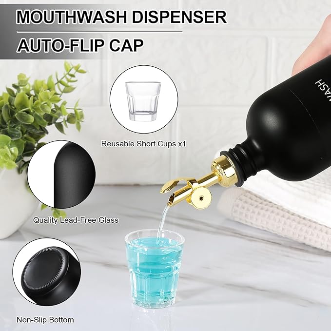 Mouthwash Dispenser for Bathroom, Glass Mouthwash Dispenser with Cup, Mouth Wash Container Bottle with Cup, Refillable Mouthwash Decanter, Matte Black, 1 Pack, 17oz