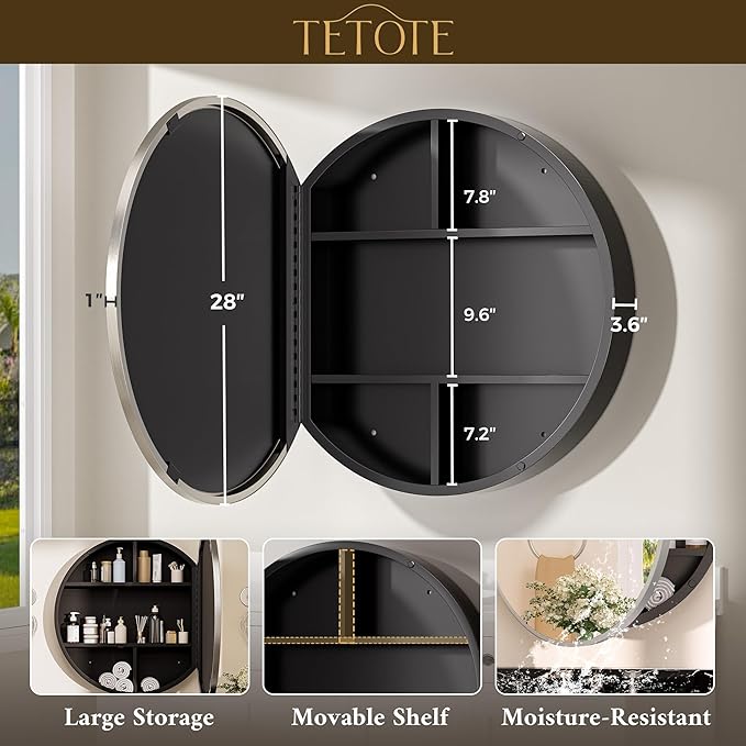 TETOTE Bathroom Mirror Cabinet 28 x 28 Brushed Nickel Round Bathroom Medicine Cabinet with Mirror Adjustable Shelves Farmhouse Wall Mirror with Storage Surface Mounted