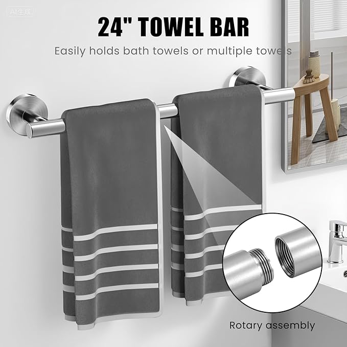 Bathroom Hardware Set 5 Pieces, SUS304 Stainless Steel Bathroom Accessories Set, 24 Inch Towel Bar Set, Round Bathroom Accessories Kit Wall Mounted, Simple Design for All Bathrooms (Polished Chrome)