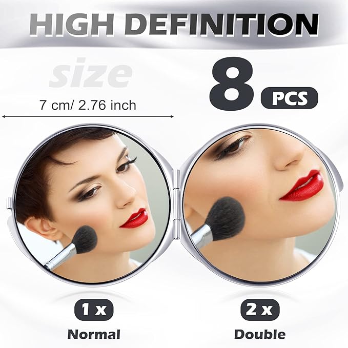 Yalikop 8 Pcs Compact Travel Mirror Set - 1X & 2X Magnification Double Sided Mini Makeup Mirror, Folding Round Purse Mirrors for Women & Bridesmaid Gifts (Silver)