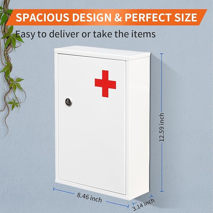 Ydocabinit Steel Wall-Mount Lockable Medical Cabinet, 2-Tier Medical Box with Key, Metal Storage Box, Medicine Organizer Secure Large Capacity, First Aid Cabinet for Bathroom School 12.59×8.46×3.14"