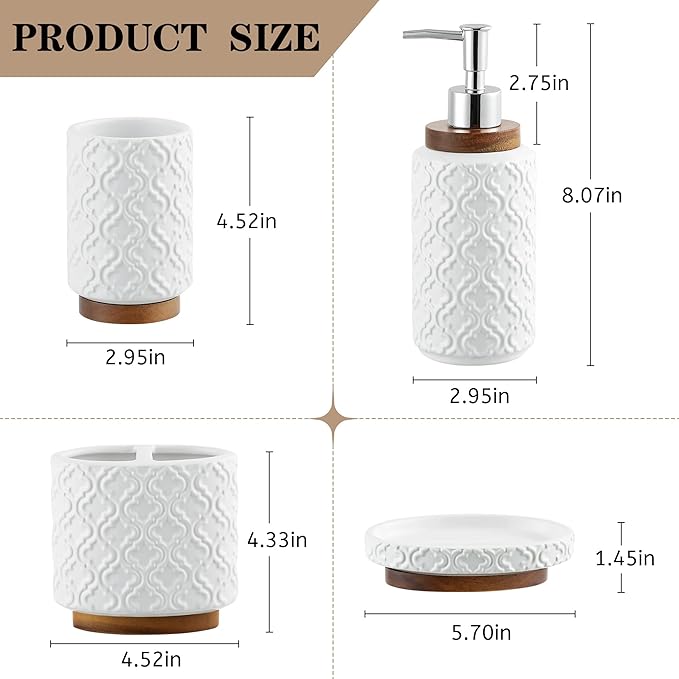 RQYIXI 4 Piece Bathroom Accessories Set, White Ceramic Bath Accessory Set with Wood Accents, Soap Dispenser, Toothbrush Holder, Tumbler and Soap Dish, Elegant Bathroom Countertop Decor