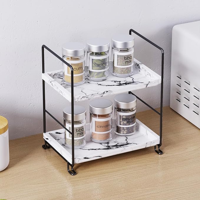 Kitchen Organizer,Small Spice Rack,Bathroom Organizer, Countertop Makeup Shelf Cosmetics Storage Display Rack Vanity Shelf,PP Imitation Marble Design,Tool-Less Install.(Black,2-Tier)