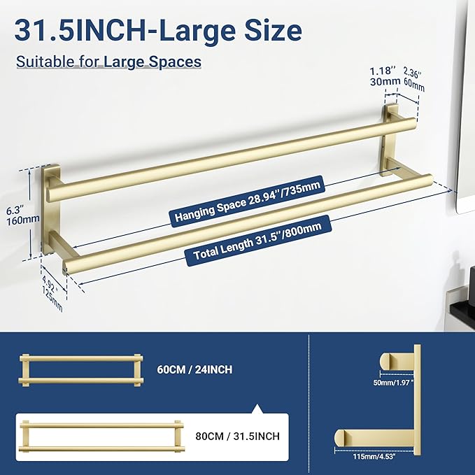 SAYAYO Double Towel Bar for Bathroom, 31.5 Inch Brushed Gold Bath Towel Rack Towel Holder Wall Mounted, SUS304 Stainless Steel