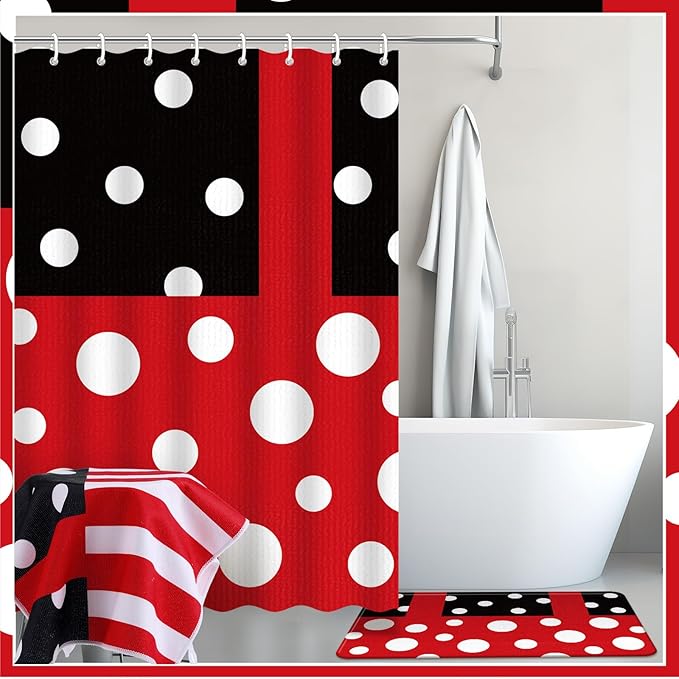 Nuanchu 6 Pcs Red Black Polka Dot Shower Curtain Set with Rug Polka Dot Bathroom Sets with Shower Curtain Bath Mat U Shaped Mat Toilet Lid Cover 2 Bath Towels and 12 Hooks Bathroom Decor