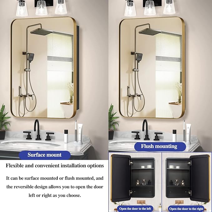 16" x 20" Bathroom Medicine Cabinet with Mirror Door, Brush Gold Stainless Steel Frame, Recessed or Surface Mounted,Storage Cabinet with Adjustable Metal Shelves,Upgraded Version