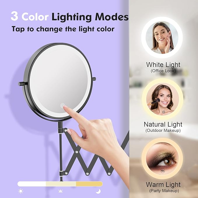 5000mAh Rechargeable Wall Mounted Makeup Mirror - 8 Inch Double Sided 1X/30X Magnifying Mirror with 3 Color Lights Dimmable Touch Screen, 360°Swivel 19.6 Inch Extendable Accordion Bathroom Mirror
