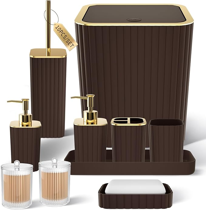 XLHOMO Bathroom Accessories Set - Gorgeous Bathroom Set, 10PC Brown Bathroom Accessories, Bathroom Accessory Set, Toilet Brush, Trash Can, Qtip Holder Dispenser & Soap Dispenser