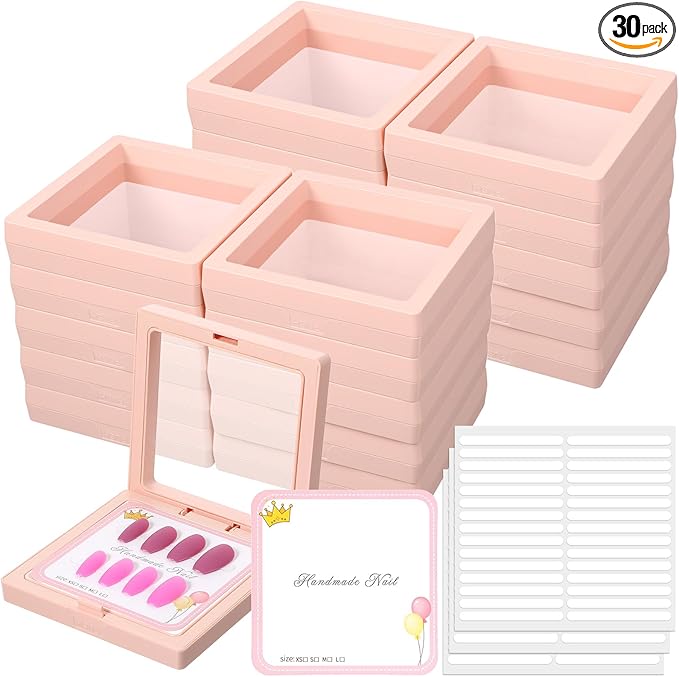 30 Pcs Press on Nail Packaging Box with 90 Pcs Adhesive Double Sided Tape Artificial Nail Display Case Storage Container Box Acrylic Packaging Organizer for Art Home Salon(Pink)