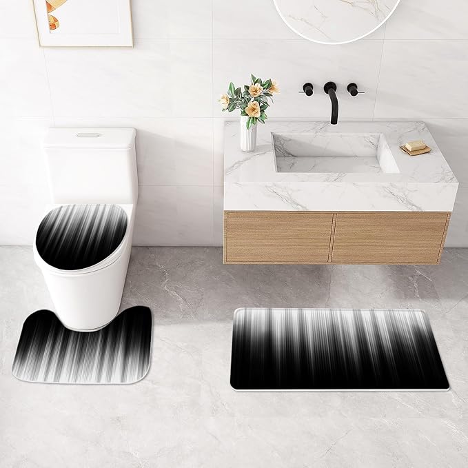 Litabel 4 Pcs Grey and Black Gradient Shower Curtain Set with Rugs and Toilet Lid Cover, Modern Simple Waterproof Fabric Bathroom Set, Ombre Stripe Gothic Abstract Bathroom Decor Set Accessories