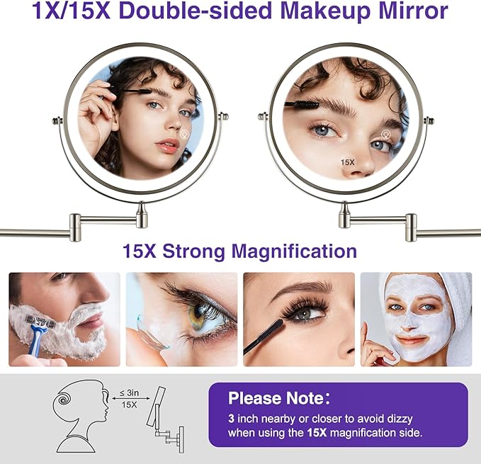 GREENFROM Magnifying Mirror with Lights 1x/15x: 8.5" Double Sided Wall Mounted Lighted Makeup Mirror for Bathroom, Brushed Nickel