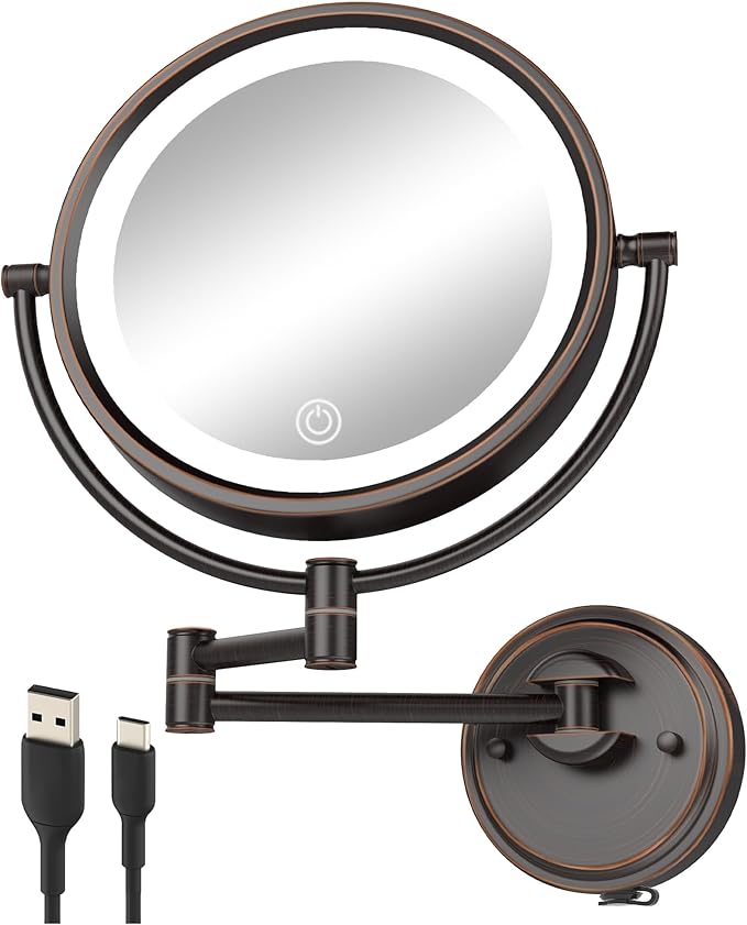 10" Large Wall Mounted Makeup Mirror with Lights, Rechargeable 1X/5X Double-Sided 3 Color 5000mAh Touch Dimmable Antique Extended Swing Arm 360 Rotation for Bathroom, Oil Rubbed Bronze