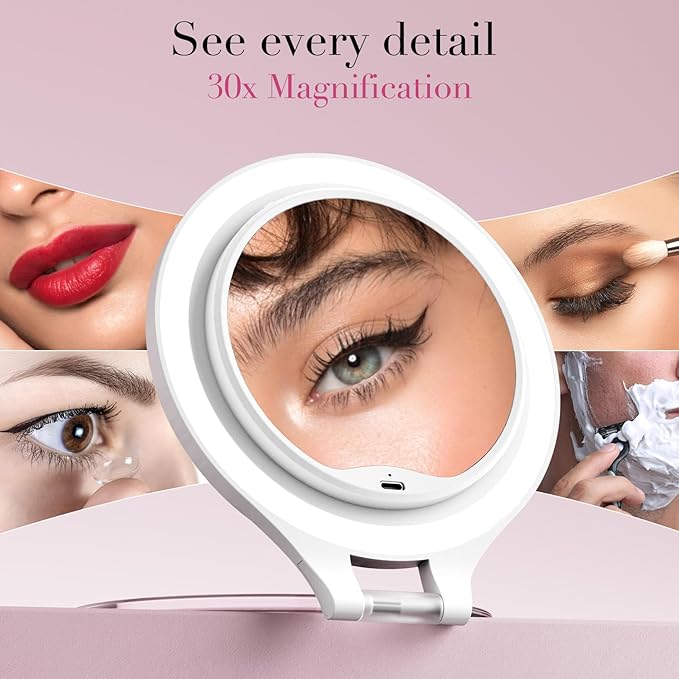 FASCINATE 30X/1X Lighted Magnifying Mirror, Rechargeable Double Sided Travel Makeup Mirror with 3 Color Lighting, Adjustable Stand, Portable Vanity Mirror, Includes Hair Clip