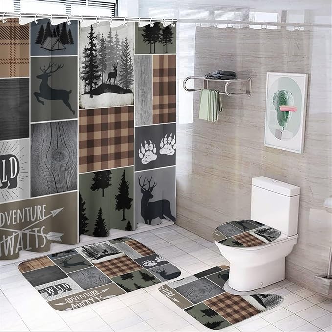 Retro Cabin Bear Deer Shower Curtain Sets with Rugs 4 Piece Accessories Bathroom Curtains Shower Set Include Shower Curtain Non-Slip Rug Toilet Lid Cover Bath Mat One Size