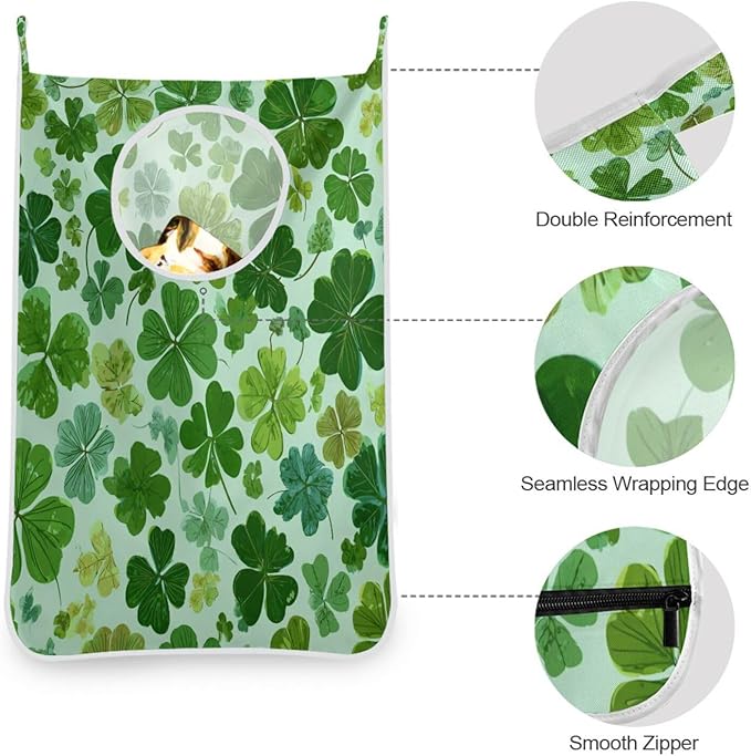 Green St Patrick Clovers Hanging Laundry Hamper Door Hampers Bag Basket with Stainless Steel Hooks Oxford Fabric Printing Decorative Clothes Bags 29.5X20inch 1Pack