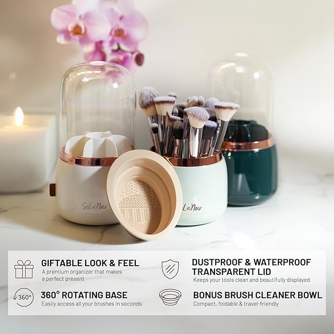 Rotating Makeup Brush Holder with Lid – Dustproof Vanity Organizer for Makeup Brushes, Bonus Foldable Makeup Brush Cleaner Bowl Included, Elegant Seafoam Green Storage Solution