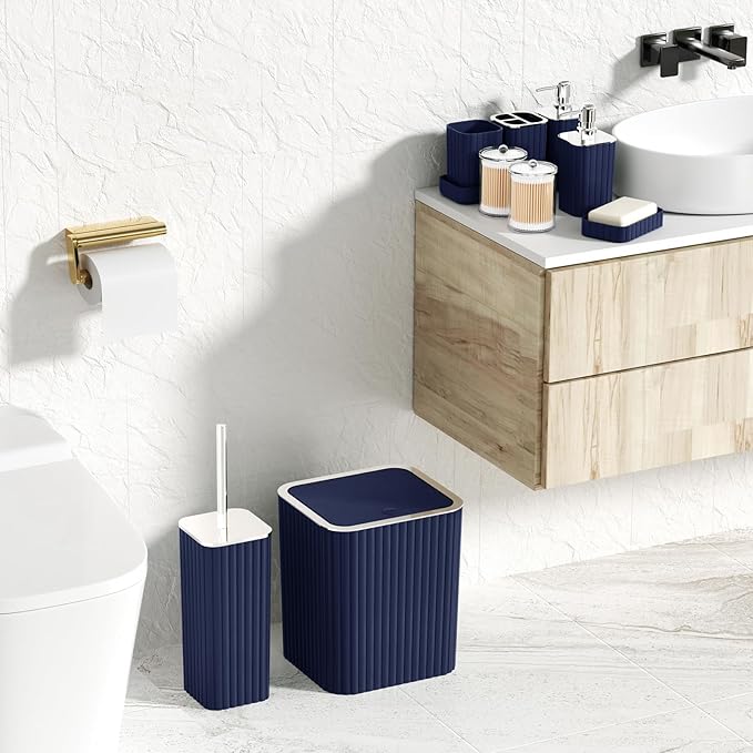XLHOMO Navy Blue Bathroom Accessories Set - Gorgeous Bathroom Set, 10PC Bathroom Accessory Set, Toilet Brush, Trash Can, Qtip Holder & Soap Dispenser