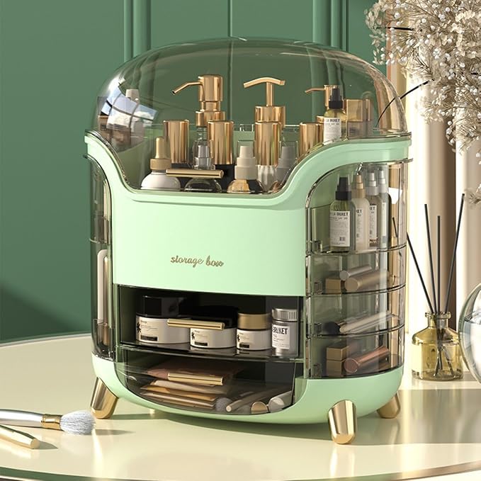 Portable Light Luxury Series Multi-Function Make Up Organizer,Dust Water Proof with Drawer and Lid, Large Capacity for Bathroom, Dresser,Countertop,Bedroom, Green and White (White)