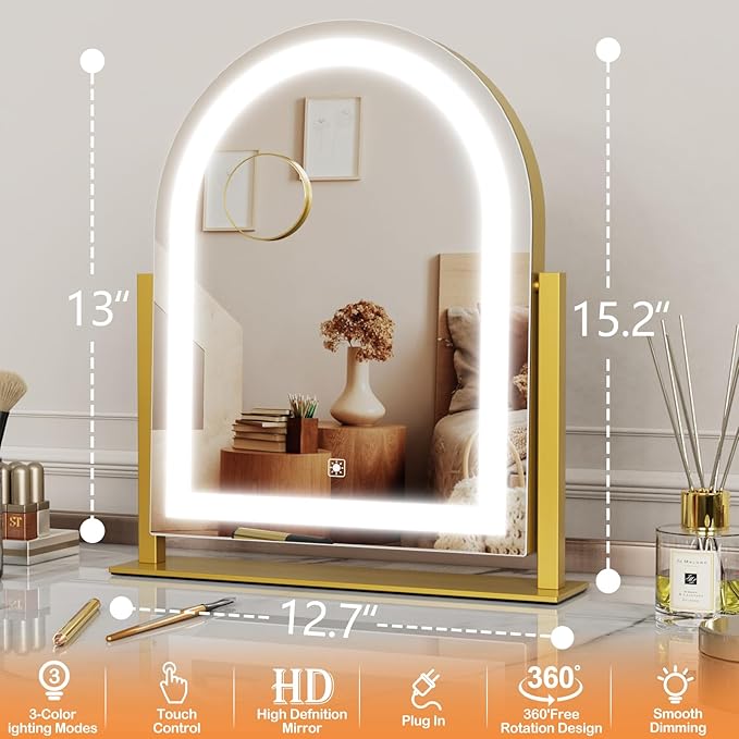 Gvnkvn Vanity Mirror with Lights, 15.2’’ LED Makeup Mirror Detachable 10X Magnification, Smart Touch Control, 3 Color Lighting Modes,360°Rotation Tabletop Make Up Mirror for Bedroom Bathroom(Curved)