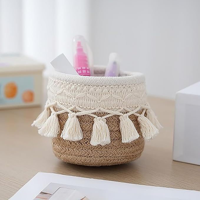 MSUIINT Macrame Makeup Brush Holder Organizer, Brushes Mini Storage Basket, Hand Woven Cotton Rope Basket, Boho Decor Baskets for Comb Cosmetics Pen Pencil Container (B)