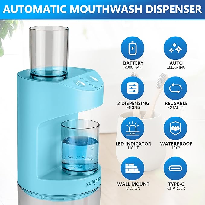 ZOFGENOW Automatic Mouthwash Dispenser for Bathroom,Bathroom Accessories 19.4 Fl Oz Dispensers with Magnetic Cups,Wall Mounted Dispenser,Suitable for All Age Groups,Blue