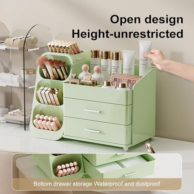 Booklov Makeup Organizer for Vanity, Large Capacity Cosmetic Display Case with Drawers, Countertop Beauty Storage Holder for Skincare, Brush Eyeliner Perfume Eyeshadow Lipsticks, Counter Desk, Green