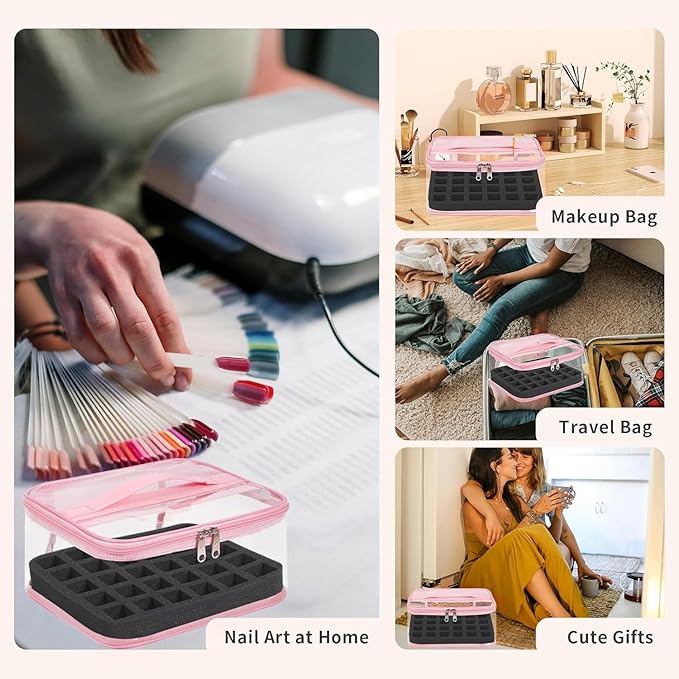 Beloving Clear Nail Polish Organizer Holds 30 Bottles PVC Nail Polish Case See-Through Nail Supplies with Manicure Tools Storage Sections, Portable Travel Nail Tech Carrying Bag for Storage Display