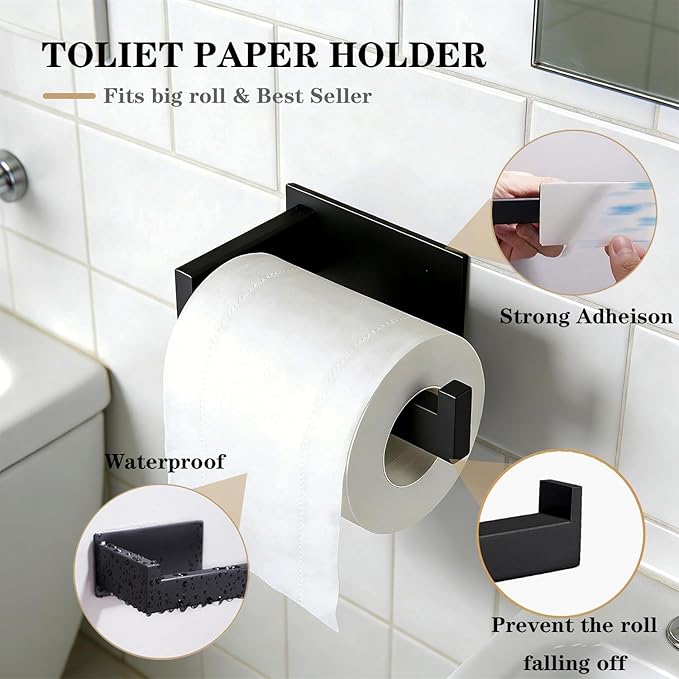 5 Pieces Self Adhesive Bathroom Hardware Set-SUS304 Stainless Steel-Towel Rack Set Include 16″Towel Bar+Toilet Paper Holder+3 Towel/Robe Hooks Bathroom Accessory (Matte Black, 16 in)