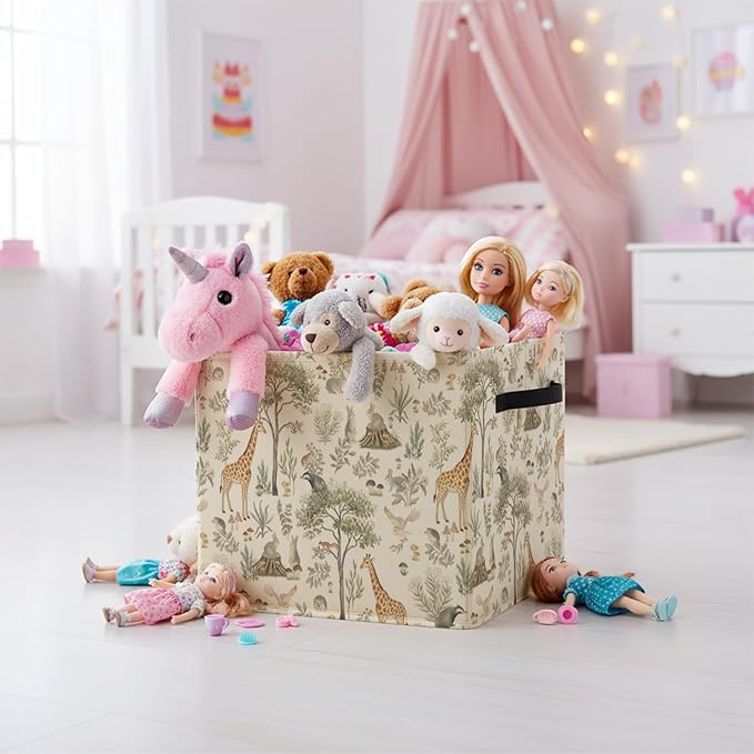 Forest Animal Nursery Storage Bin Box with Handles, Cottagecore Botanical Animal Foldable Baskets Organizer for Kids Room Nursery Bathroom Clothes Toys Books, Toybox for Boys Girls
