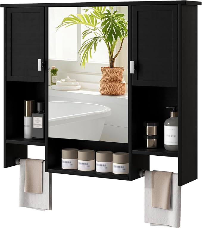 Merax Medicine Cabinet for Bathroom, Wall Mount Bathroom Cabinet with Mirror, Open Shelf, and Towel Bar, 35" W x 28.7" H Over The Toilet Mirrored Bathroom Wall Cabinet