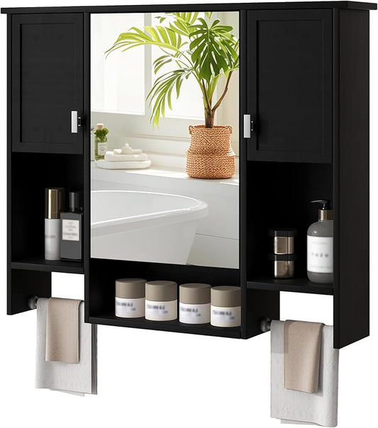 Merax Medicine Cabinet for Bathroom, Wall Mount Bathroom Cabinet with Mirror, Open Shelf, and Towel Bar, 35" W x 28.7" H Over The Toilet Mirrored Bathroom Wall Cabinet