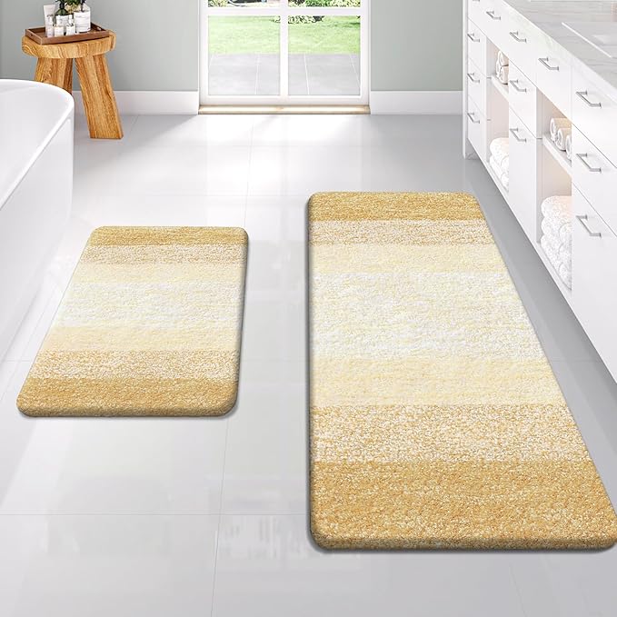 OLANLY Bathroom Rug Set 2 Piece, Soft Absorbent Microfiber Bath Rug Set, Non-Slip, Machine Wash Dry, Plush Shaggy Bath Mats for Bathroom (47"x20"+24"x16", Light Yellow)