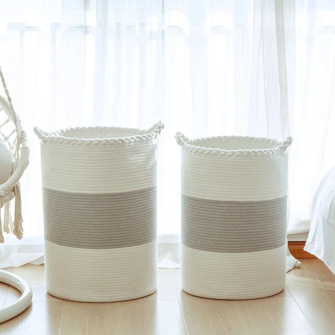 72L Woven Laundry Basket,Tall Wicker Laundry Basket for Blankets,Clothes,Pillows,Toys,Shoes Large Cotton Laundry Hamper for Bedroom,Living Room,Bathroom