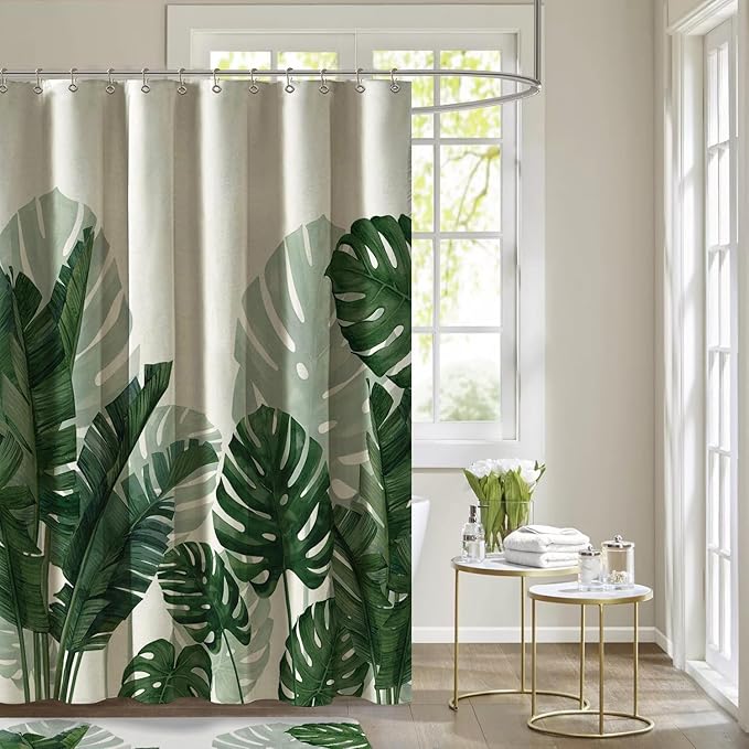 Baccessor Linen Shower Curtain 60 W X 72 L Inch Tropical Green Leaf Shower Curtains Botanical Banana Monstera Leaf Palm Tree Water Repellent Heavy Duty Small Shower Curtain for Bathtubs Hotel