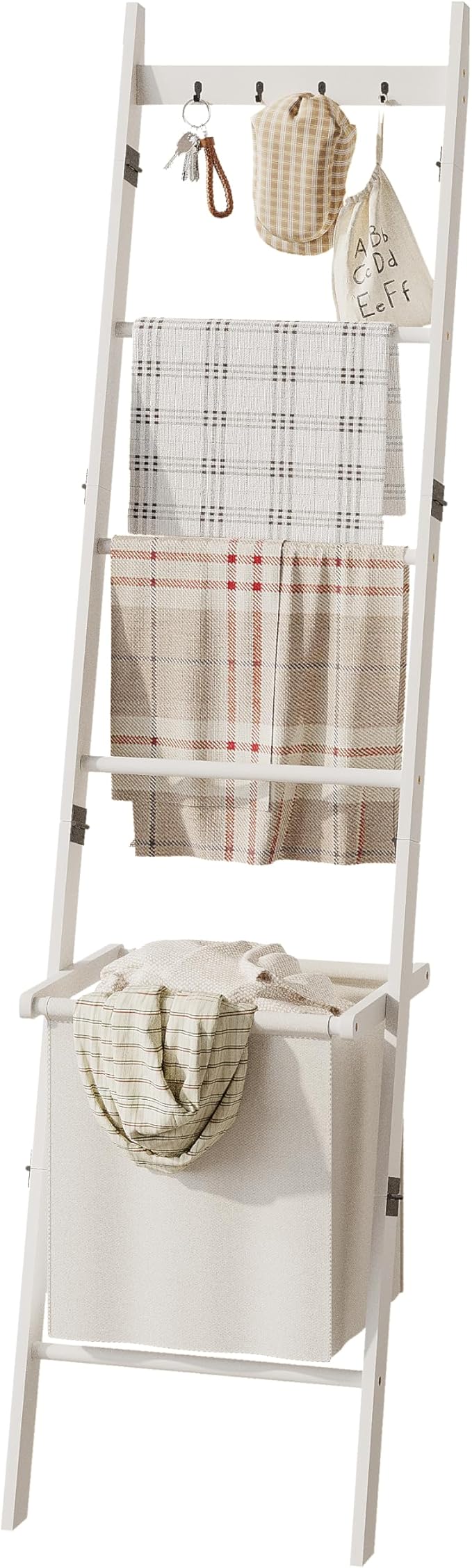 BAMBANG Bamboo Blanket Ladder with Basket, 5-Tier Quilt Rack Stand with 4 Hooks & Storage Hamper for Living Room Bathroom, Wall Leaning Decorative Ladder Shelf for Blankets Display (White)