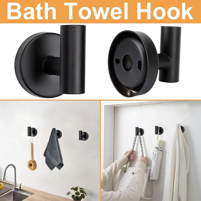 TocTen Bathroom Hardware Set, Thick Stainless Steel Bath Towel Bar Set Including Towel Rack for Bathroom+Toilet Paper Holder+3 Robe Towel Hooks Wall Mount Bathroom Accessory Set(16IN,Matte Black)