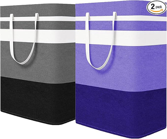 2-Pack Foldable Laundry Basket,Large Laundry Baskets with Handles,Waterproof Laundry Hamper,Collapsible Laundry Hampers for Clothes Organizer 80L (Black&Purple)