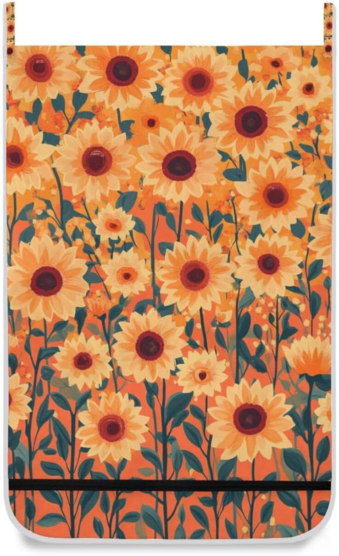 Orange Sunflowers and Poppy Flowers Door Hanging Laundry Hamper Bag with Free Adjustable Stainless Steel Hooks Dirty Clothes Hamper Extra Large Over the Door Laundry Hamper 29.5X20inch 1 PCS