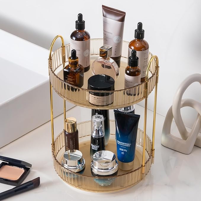 Makeup Organizer for Vanity, 360° Rotating Bathroom Organizer Countertop, High-Capacity Skincare Organizer, Spinning Cosmetics Organizer for Dresser Countertop (2 Tiers, Amber)