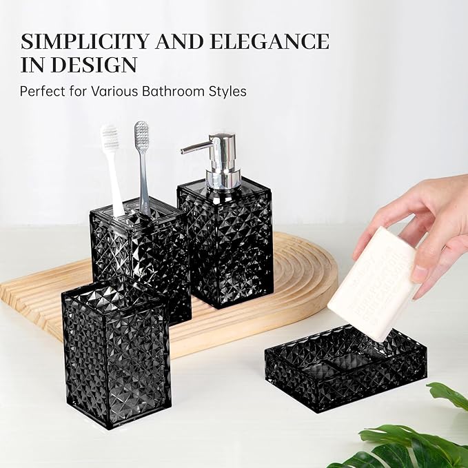 Bathroom Accessory Set, Grid Pattern 4 Pcs Plastic Bathroom Set Include Soap Dispenser, Soap Dish, Toothbrush Holder, Mousewash Cup, Modern Bahtroom D??cor Set, Space Save for Bathroom(Black)