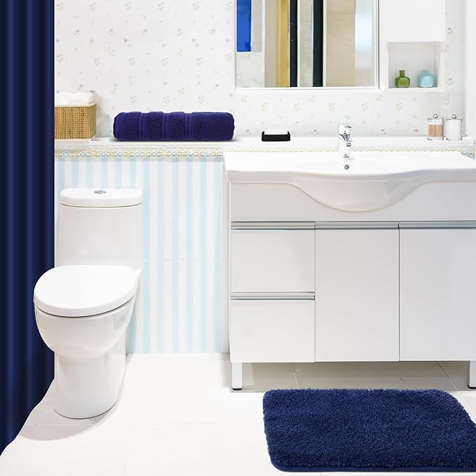 Fanfanwin 3 Pcs Bathroom Curtain Sets with Shower Rug and Towel Waterproof Shower Curtain Non Slip Bathroom Rug Bath Mat Soft Hand Towel with 12 Hooks for Hotel Decor(Navy Blue)
