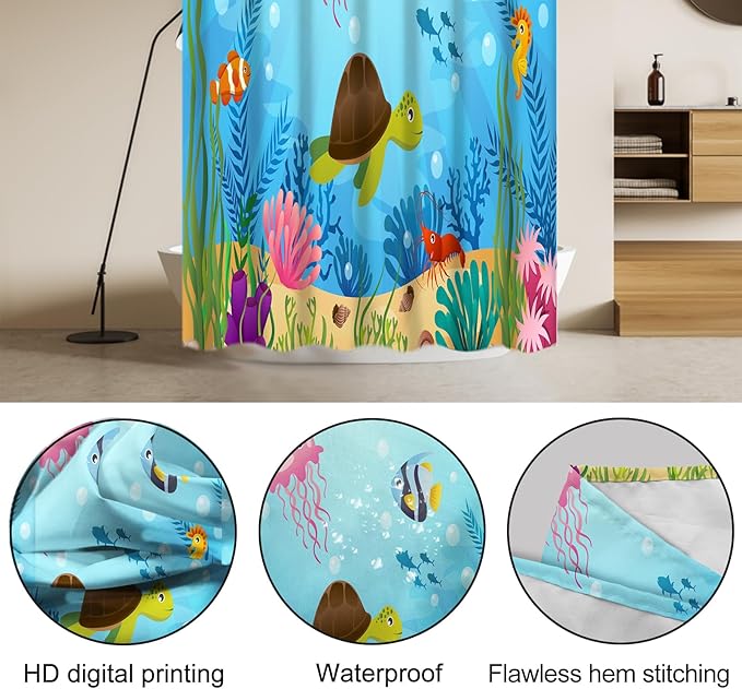 Lnond 4 Pcs Kids Bathroom Shower Curtain Set, Ocean Sea Turtle Bathroom Sets for Kids Bathroom Decoration with Shower Curtain, Non Slip Bathroom Rugs, Toilet Lid Cover, U Toilet Mat and 12 Hooks