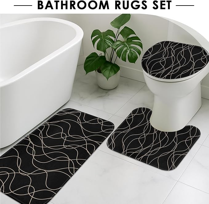 Black Shower Curtain Set with Toilet Lid Cover and Non-Slip Rugs, Striped Wavy Lines 4 Pcs Shower Curtain for Bathroom, Modern Simple Abstract Bathroom Decor