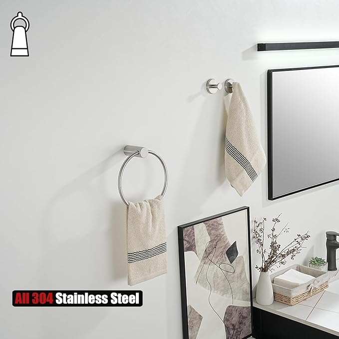 JQK Towel Ring Brushed Steel, 304 Stainless Steel Hand Towel Holder for Bathroom Wall Mount, TR630-BN